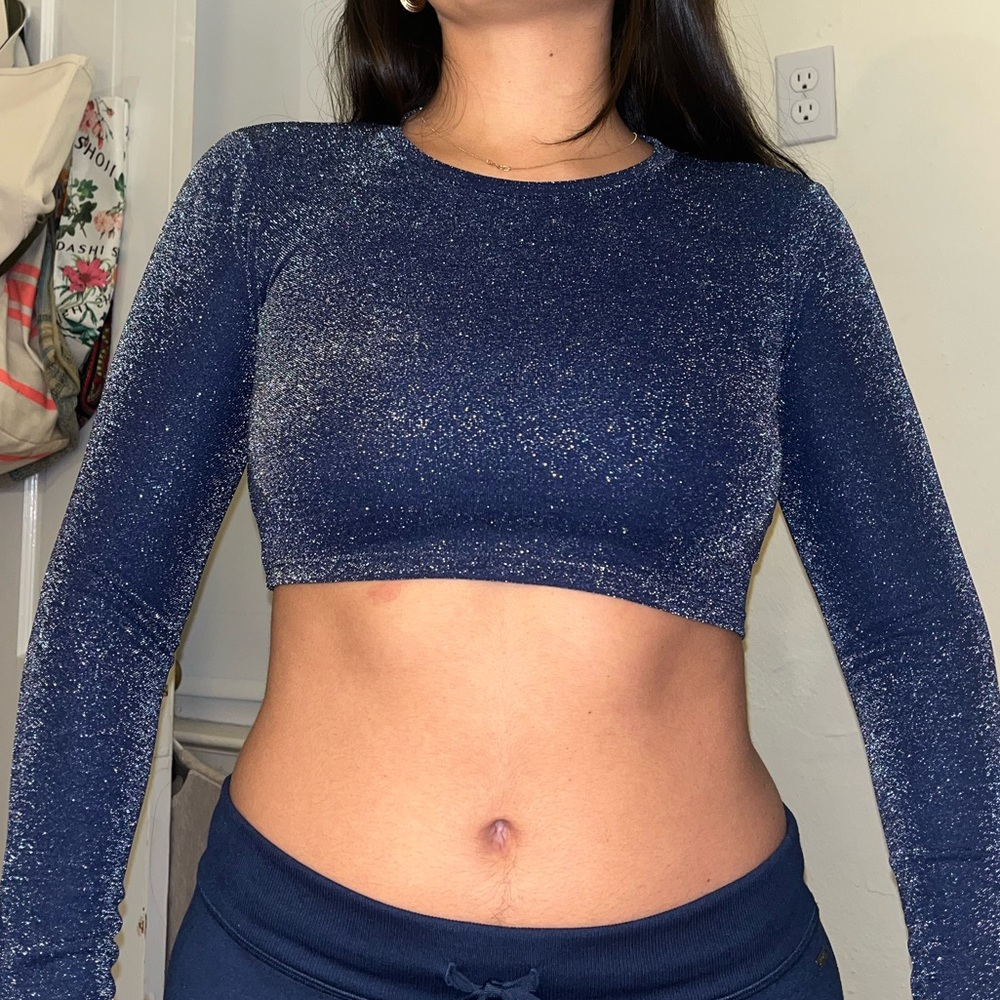 Bershka Glittery Blue Open Back Crop Top